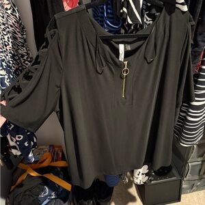 Black Cold Shoulder Top with Gold Zipper
